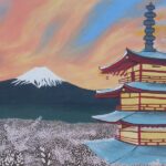 Unser Gebäude 27 Das Bild zeigt den gemalten Berg Fuji in Japan. Im Vordergrund ein asiatisches Gebäude.