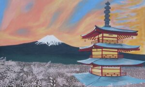 Das Bild zeigt den gemalten Berg Fuji in Japan. Im Vordergrund ein asiatisches Gebäude.