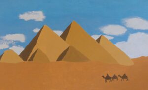 Das Bild zeigt gemalte Pyramiden in der Wüste